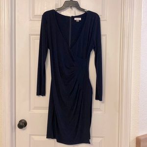Calvin Klein Long Sleeve V-neck Navy Wrap Blue Sheath Dress Above Knee Classic